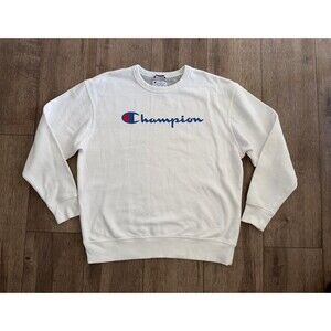 Champion White Crewneck Sweatshirt Blue graphic logo, men’s XL